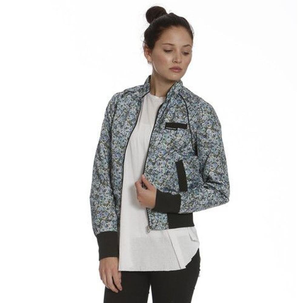 MO x Members Only Womens Ditsy Floral Bomber Jacket Blue Satin Size M